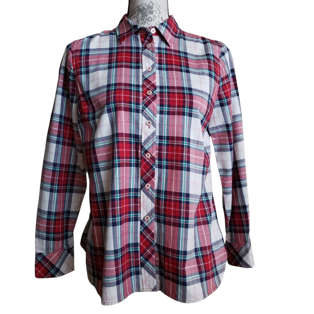 Talbots Small Petite Red Plaid Tartan Metallic Button Shirt L/S Holiday Sparkle